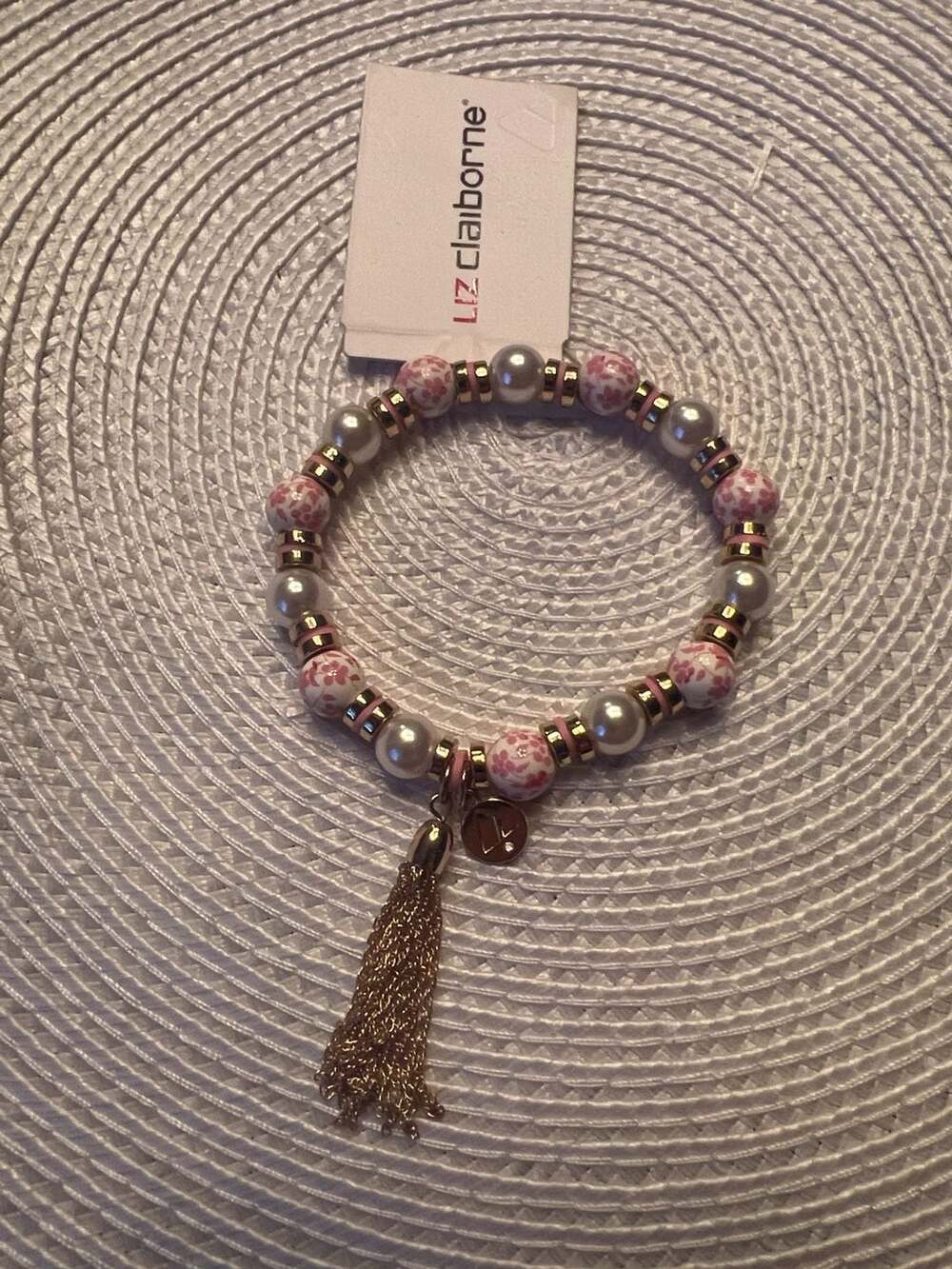 Vintage Liz Claiborne Pink Floral Bead And Tassel Stretch Bracelet
